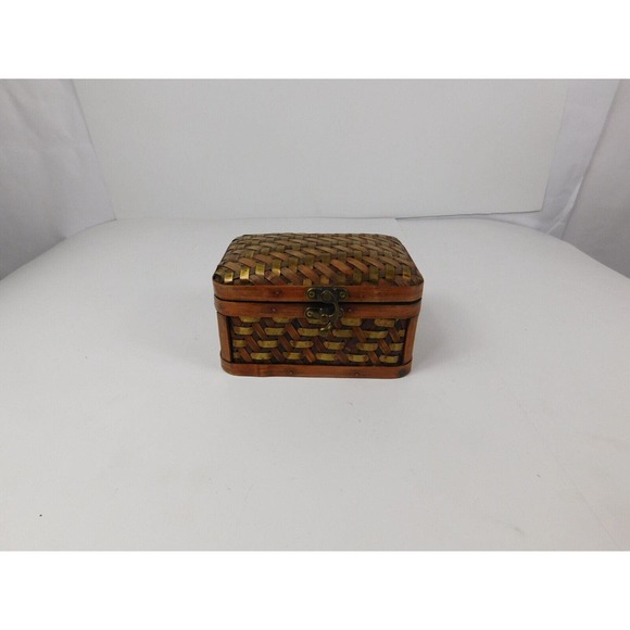 Vintage Bombay Set of 2 Nesting Wood Metal Woven Storage Boxes Hinged Lids Latch - Picture 8 of 16